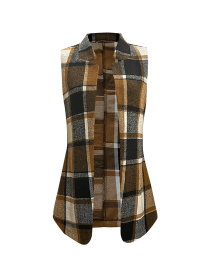 Plaid Open Front Collared Neck Vest S-XL