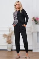 Leopard Round Neck Top and Drawstring Pants Lounge Set S-XL