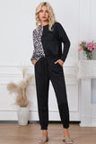 Leopard Round Neck Top and Drawstring Pants Lounge Set S-XL