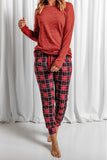 Round Neck Top and Drawstring Plaid Pants Lounge Set S-XL