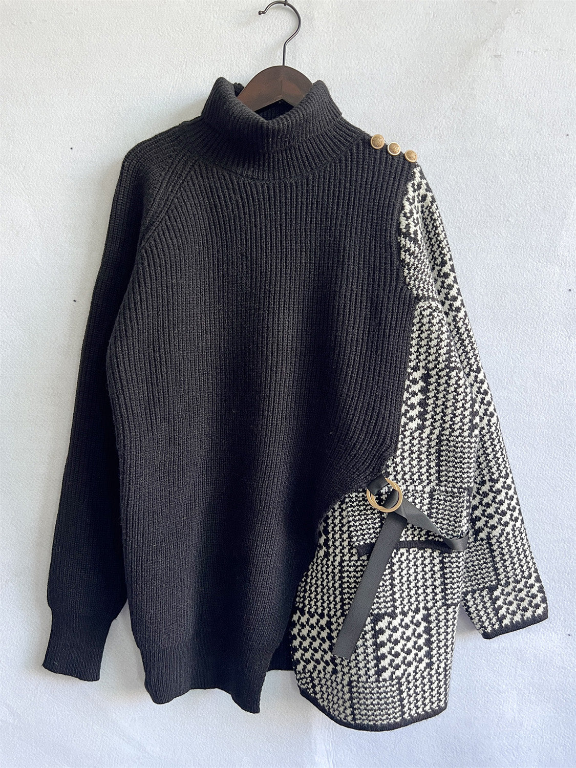 Houndstooth Turtleneck Long Sleeve Slit Sweater S-XL