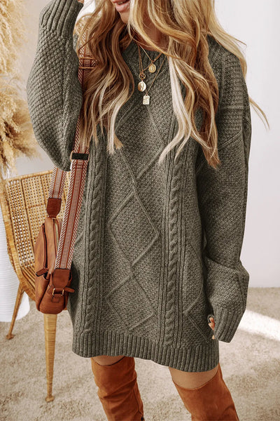 Cable-Knit Round Neck Sweater Dress S-XL