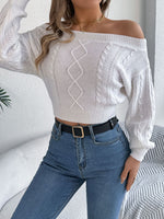 Cable Knit Off-Shoulder Long Sleeve Sweater S-XL