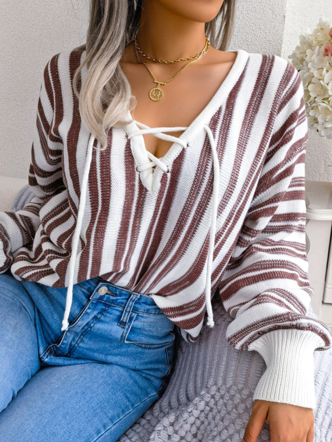 Striped Lace-Up Long Sleeve Sweater S-L