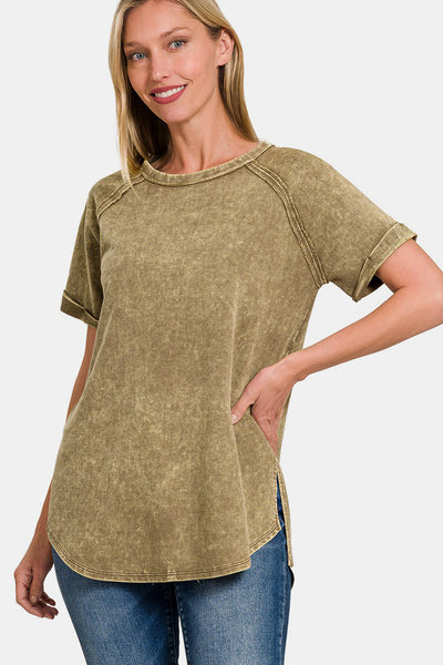 Zenana Heathered Round Neck Short Sleeve Top S-XL