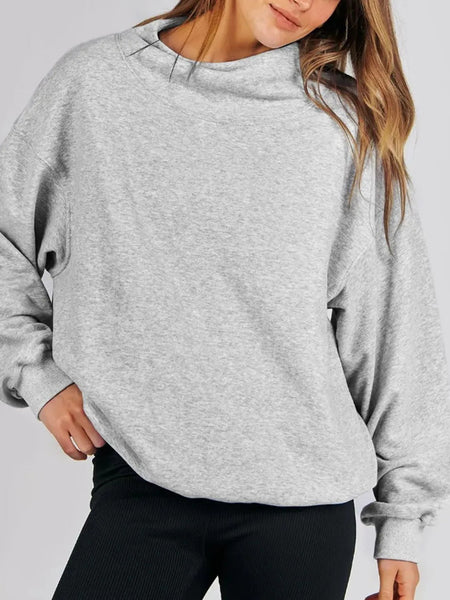 Mock Neck Drop Shoulder Long Sleeve Sweatshirt S-2XL