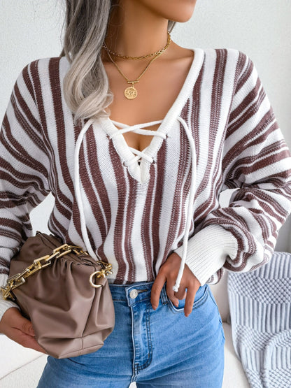 Striped Lace-Up Long Sleeve Sweater S-L