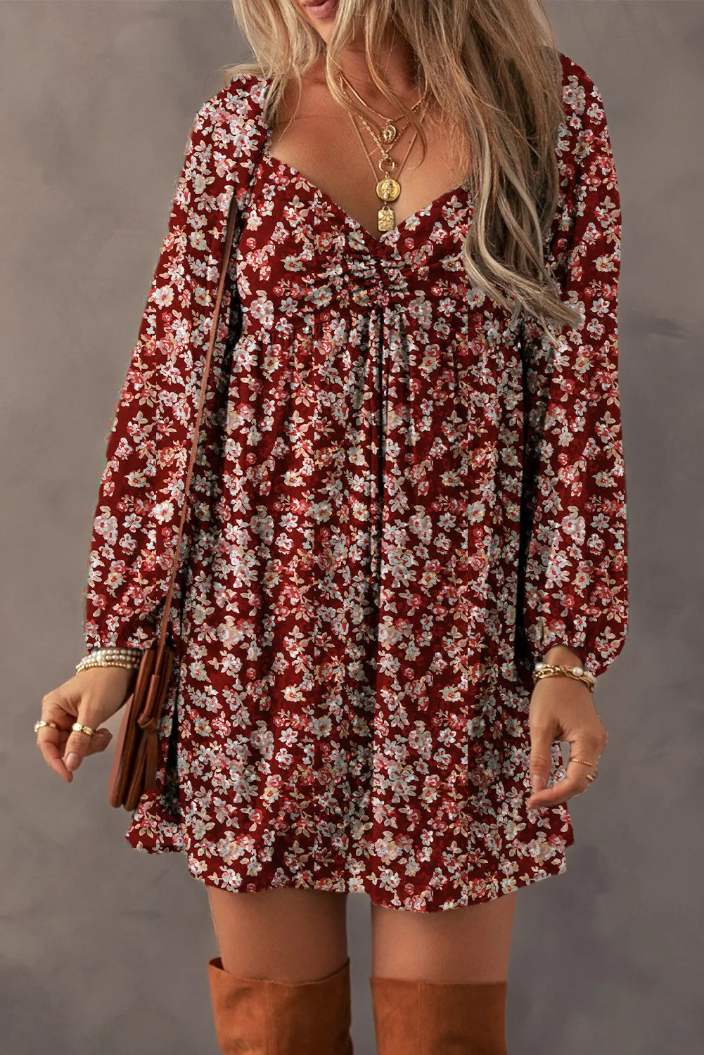 Ruched Printed Long Sleeve Mini Dress S-XL