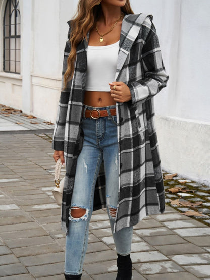 Plaid Long Sleeve Hooded Coat S-XL