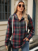 Drawstring Plaid Hooded Long Sleeve Top S-2XL