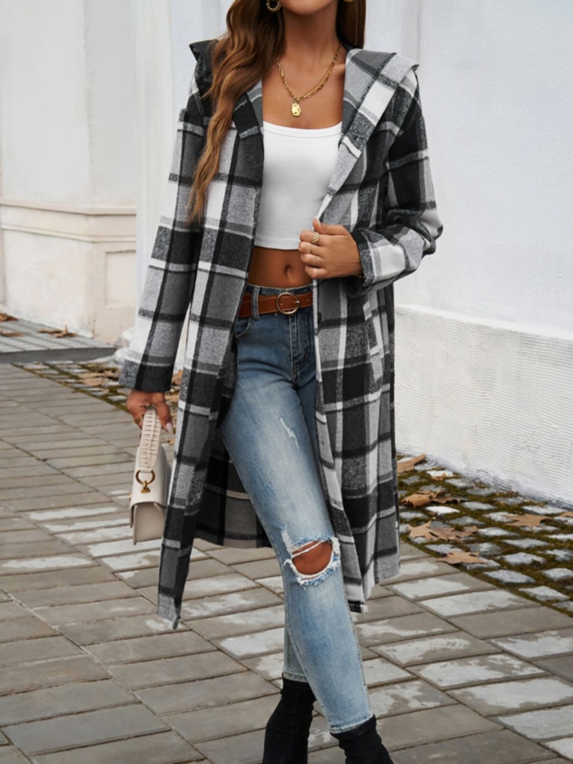 Plaid Long Sleeve Hooded Coat S-XL