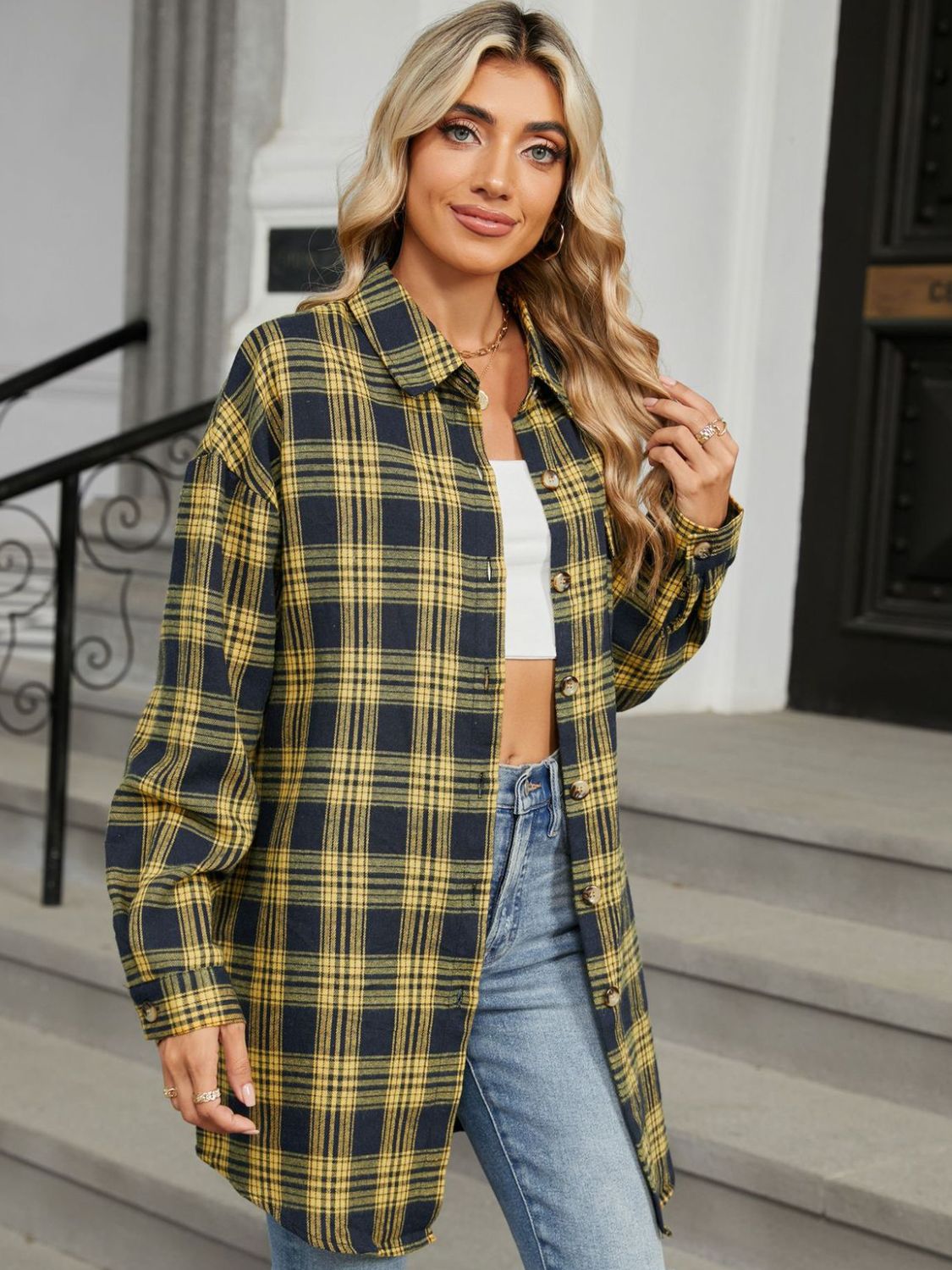 Plaid Collared Neck Long Sleeve Shirt S-2XL