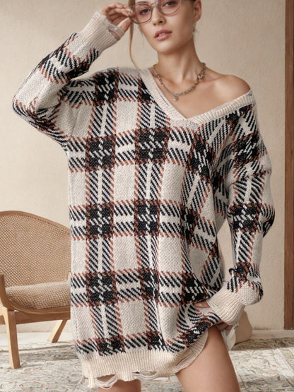 Distressed Plaid V-Neck Long Sleeve Sweater Dress One Size