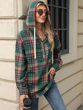 Drawstring Plaid Hooded Long Sleeve Top S-2XL