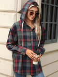 Drawstring Plaid Hooded Long Sleeve Top S-2XL