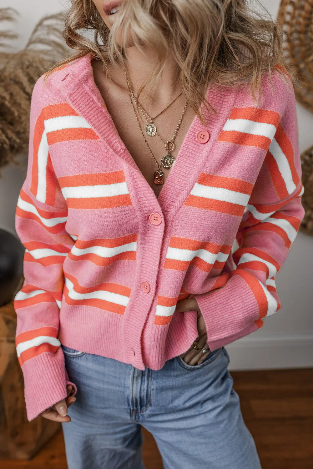 Striped Button Up Long Sleeve Cardigan S-2XL