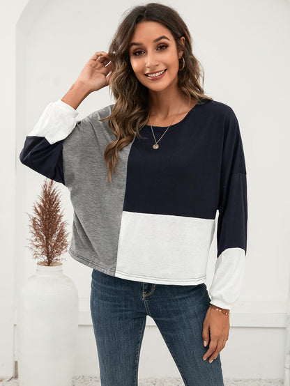 Three-Tone Color Block Dropped Shoulder Long Sleeve Tee S-XL