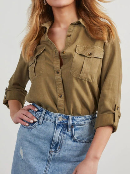 Collared Neck Roll-Tab Sleeve Denim Top S-2XL