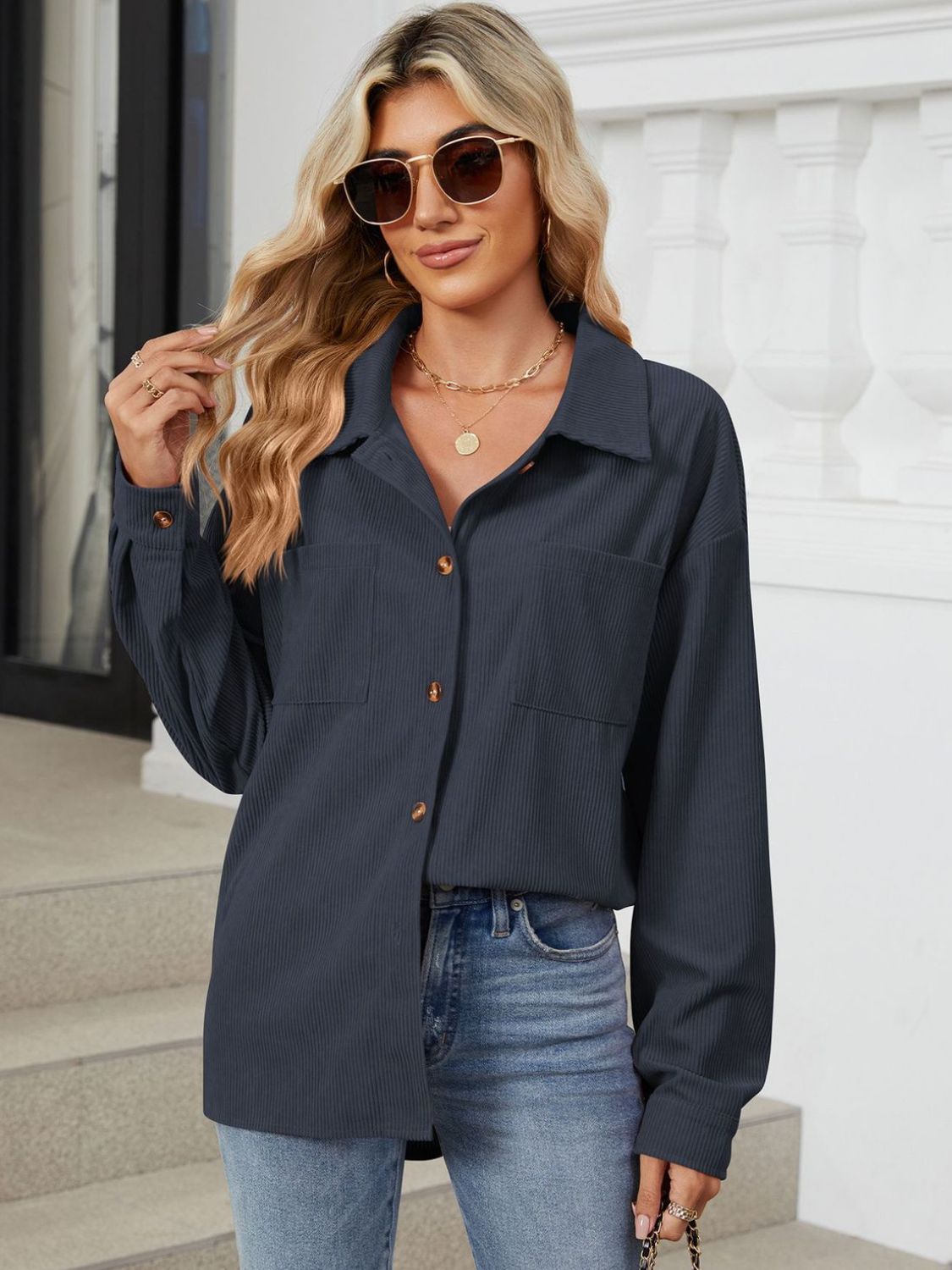 Button Up Dropped Shoulder Long Sleeve S-2XL