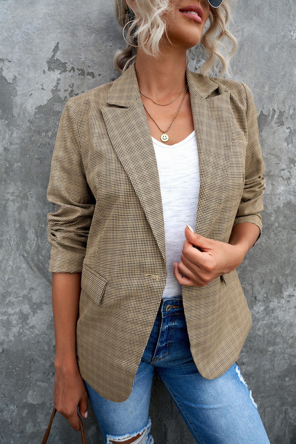 Plaid Lapel Collar Button Cuff Blazer S-2XL