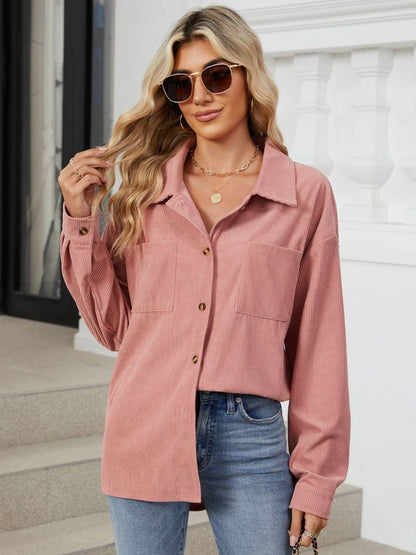 Button Up Dropped Shoulder Long Sleeve S-2XL