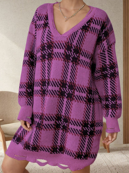 Distressed Plaid V-Neck Long Sleeve Sweater Dress One Size