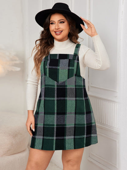 Plaid Wide Strap Overall Dress 1XL-4XL