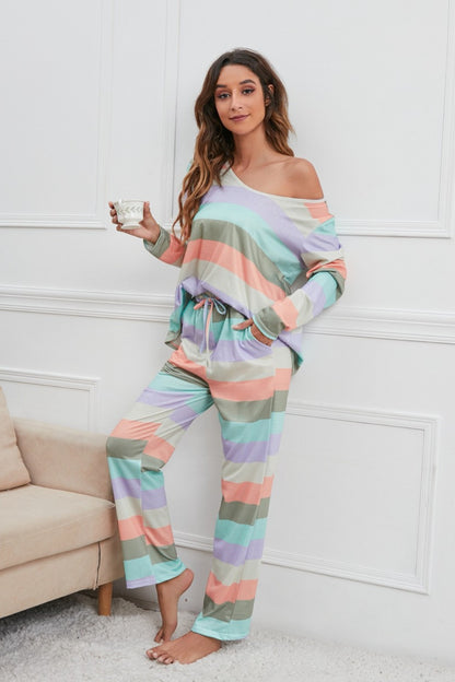 Striped Round Neck Long Sleeve Top and Drawstring Pants Lounge Set S-XL