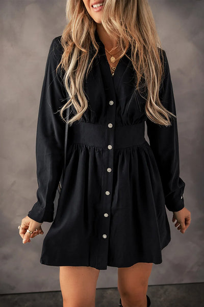 Ruched Button Up Long Sleeve Dress S-XL