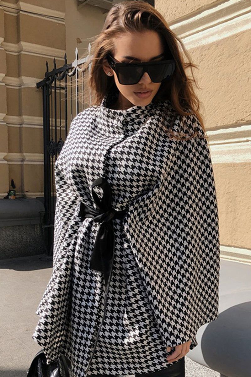 Houndstooth Tie Waist Trench Coat One Size