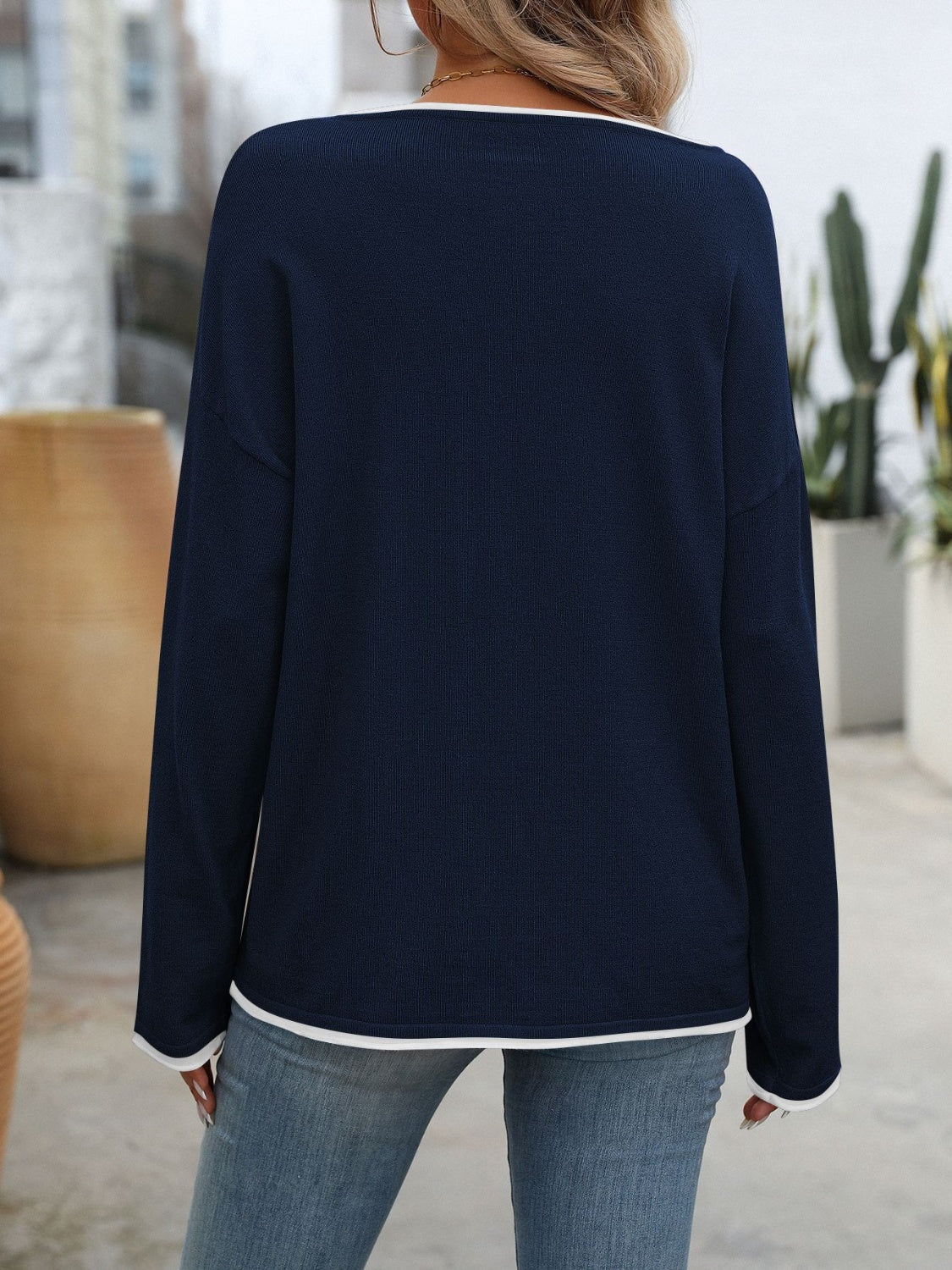 Contrast Trim Round Neck Long Sleeve Sweater S-XL