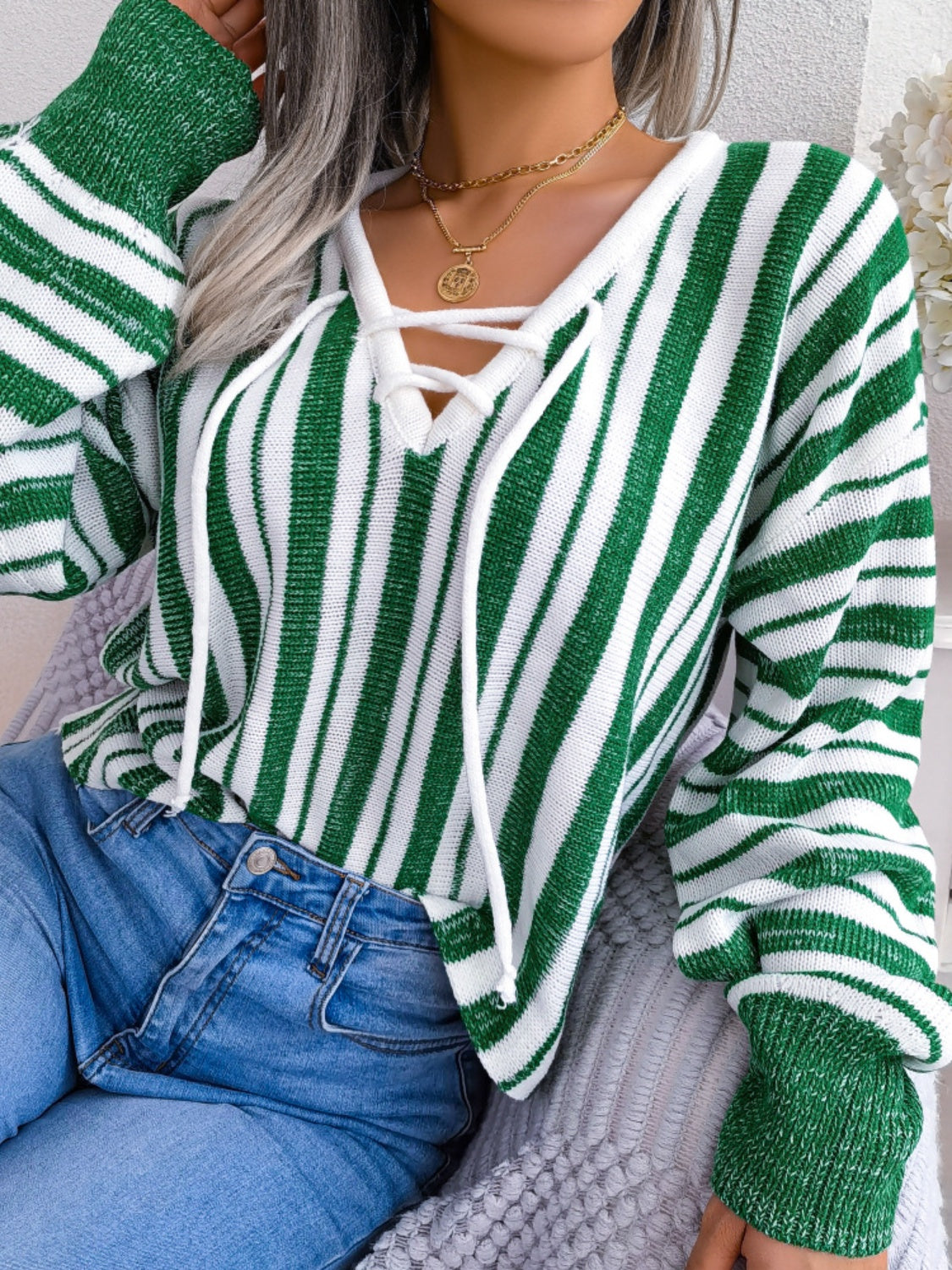 Striped Lace-Up Long Sleeve Sweater S-L