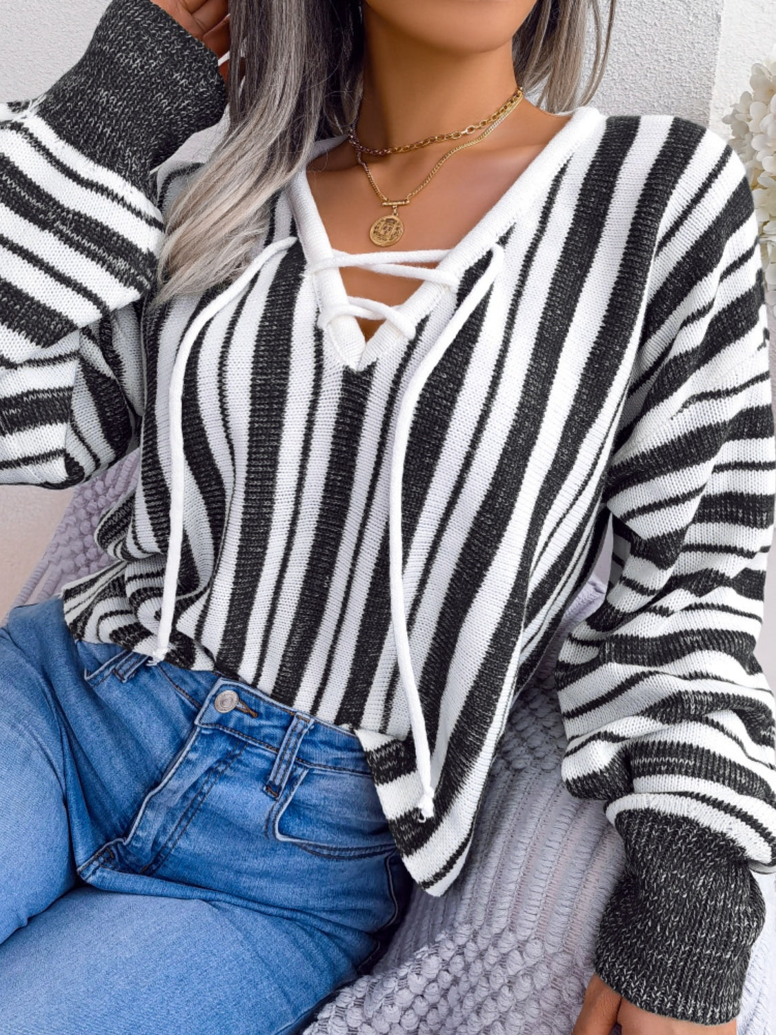 Striped Lace-Up Long Sleeve Sweater S-L