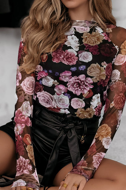 Floral Mock Neck Long Sleeve Mesh Top S-L