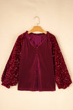 Sequin Notched Long Sleeve Blouse S-XL