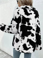 Cow Print Collared Neck Button Up Fuzzy Jacket S-XL