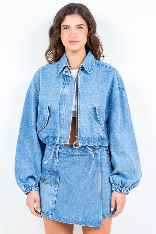 American Bazi Drawstring Waist Crop Denim Jacket S-L