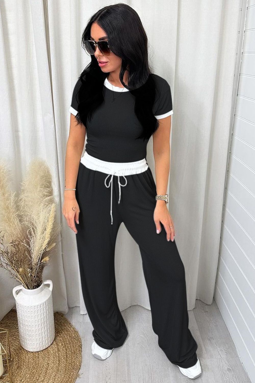 Contrast Trim Round Neck Top and Pants Set S-2XL