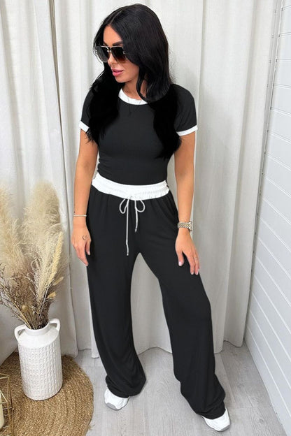 Contrast Trim Round Neck Top and Pants Set S-2XL