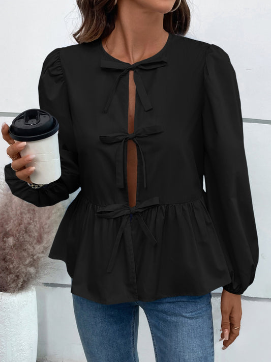 Ivy Lane Peplum Tied Long Sleeve Blouse S-XL