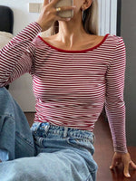 Devine Backless Striped Boat Neck Long Sleeve T-Shirt S-XL