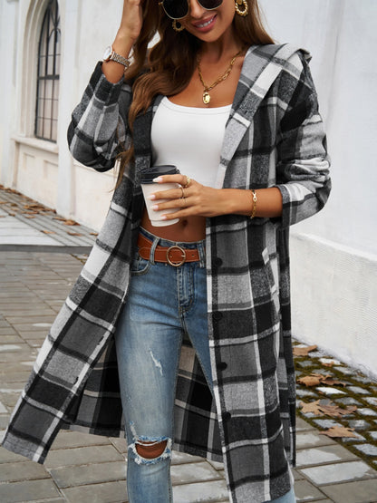 Plaid Long Sleeve Hooded Coat S-XL