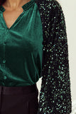 Sequin Notched Long Sleeve Blouse S-XL