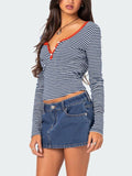 Buttoned Striped Long Sleeve T-Shirt S-XL