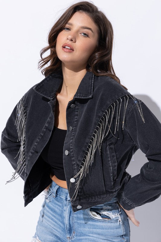 CROP DENIM JACKET WITH RHINESTONE FRINGE S-L