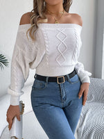 Cable Knit Off-Shoulder Long Sleeve Sweater S-XL