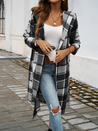 Plaid Long Sleeve Hooded Coat S-XL