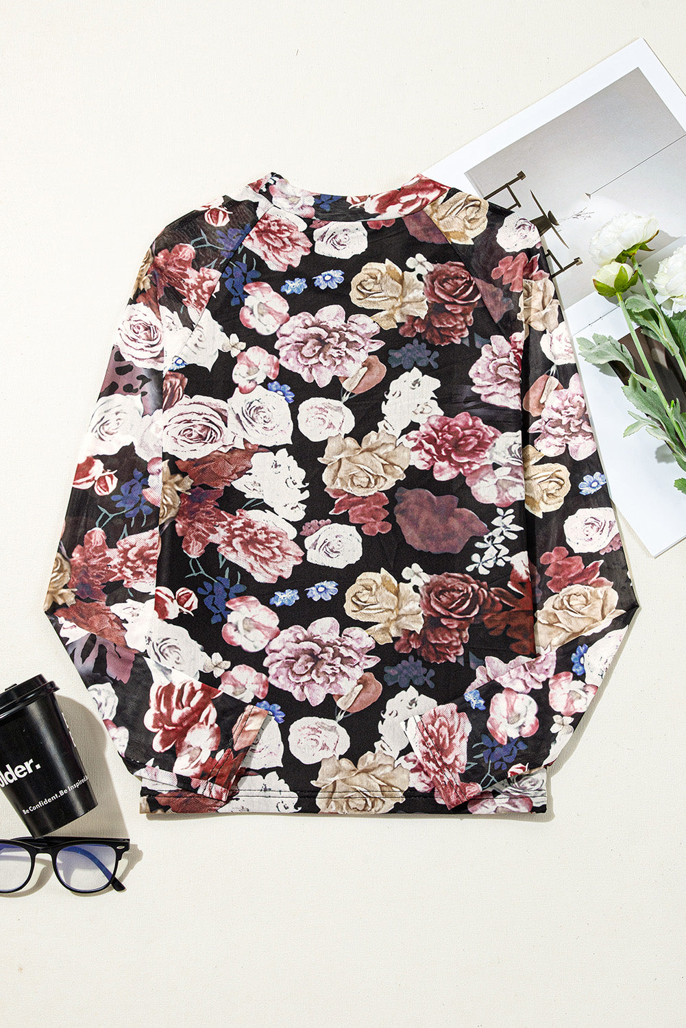 Floral Mock Neck Long Sleeve Mesh Top S-L