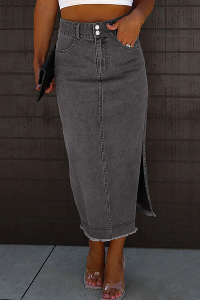 Raw Hem Slit Pocketed Midi Denim Skirt S-XL