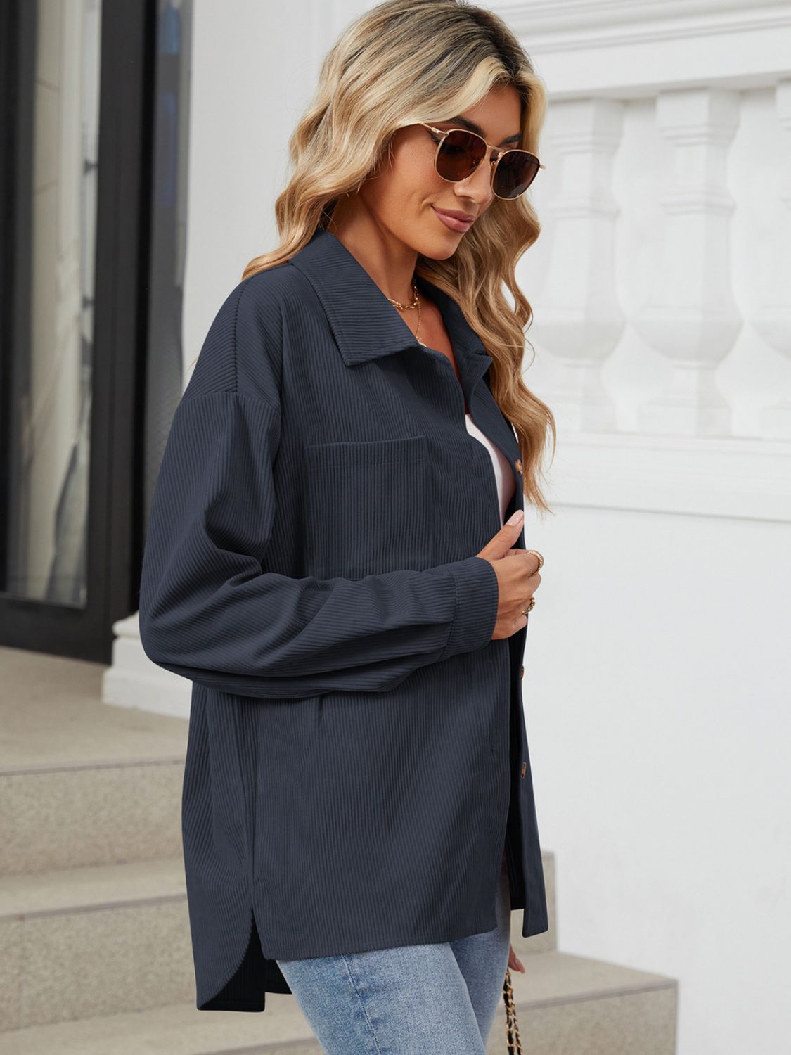 Button Up Dropped Shoulder Long Sleeve S-2XL